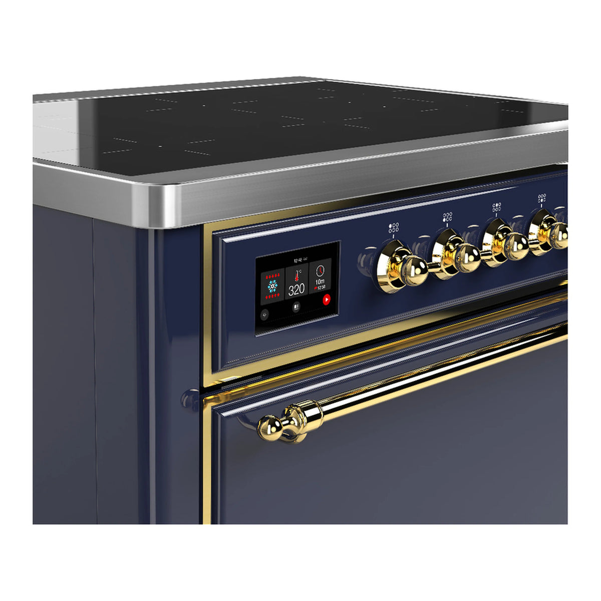 Induction range control panel with brass knobs, digital display, and blue front