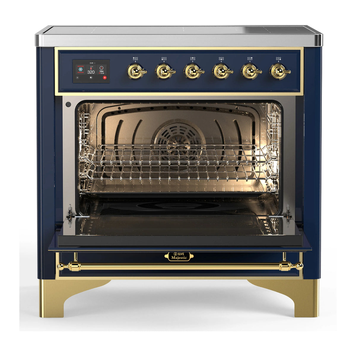 Induction range oven door open with wire racks, interior light, and brass trim