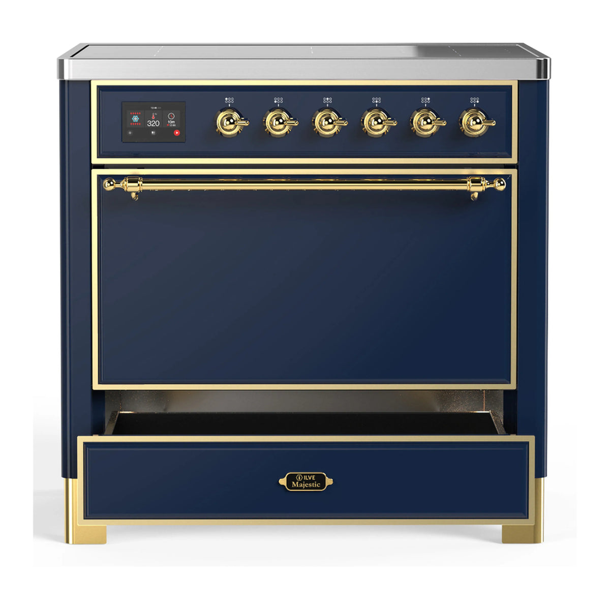Induction range with blue oven door, brass handle, and top row of brass control knobs