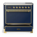ILVE Majestic III 36-Inch Induction Range with 6 Induction Elements and Solid Door Electric Oven in Mightnight Blue with Brass Trim (UMIB36QNR3MBG)