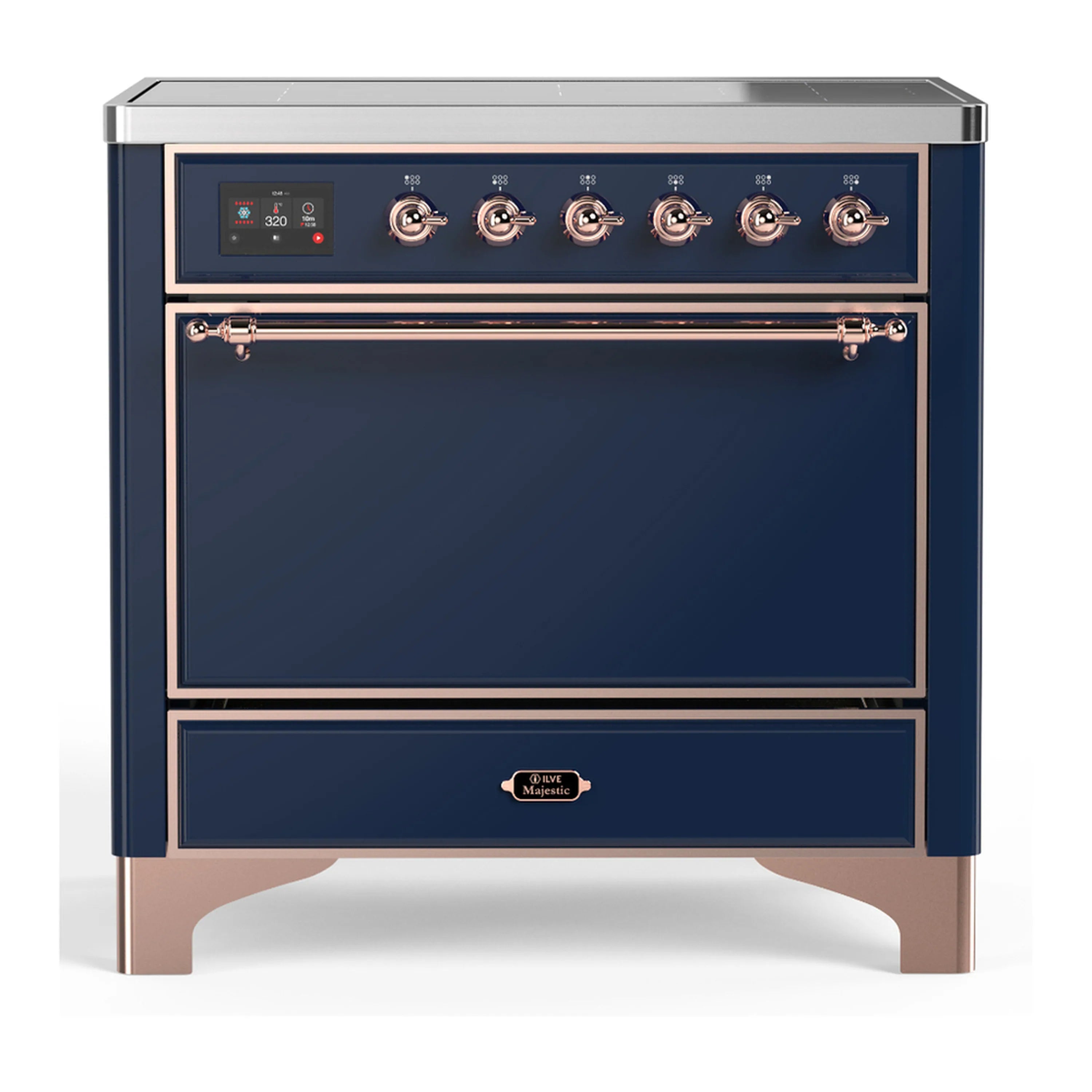 Majestic III induction range with blue glass cooktop, copper knobs and control panel