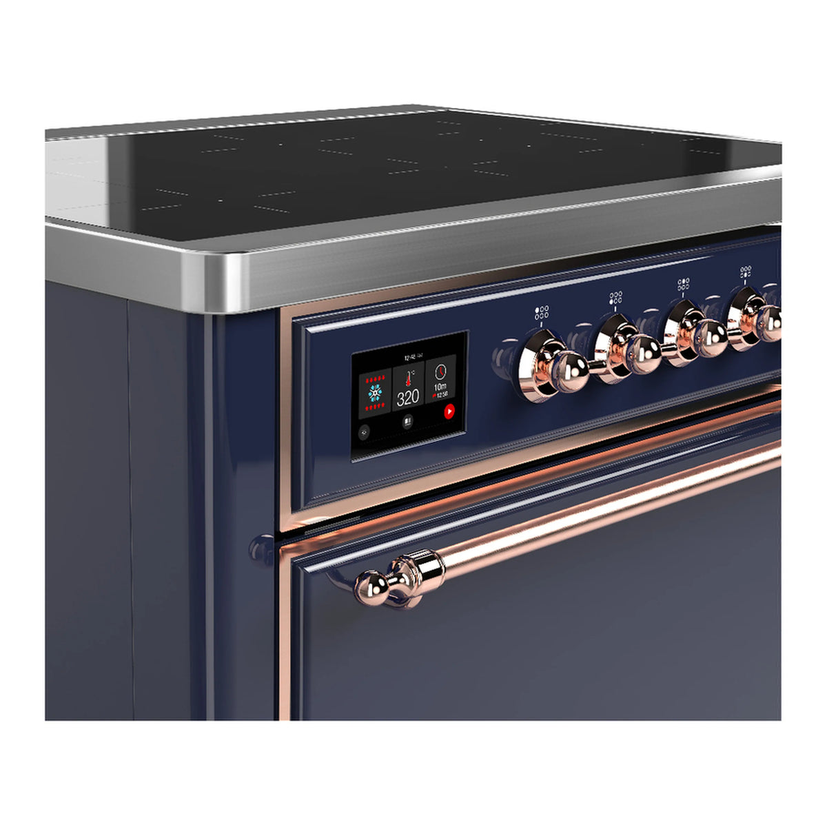 Blue induction cooktop with digital display and copper-trimmed burner controls