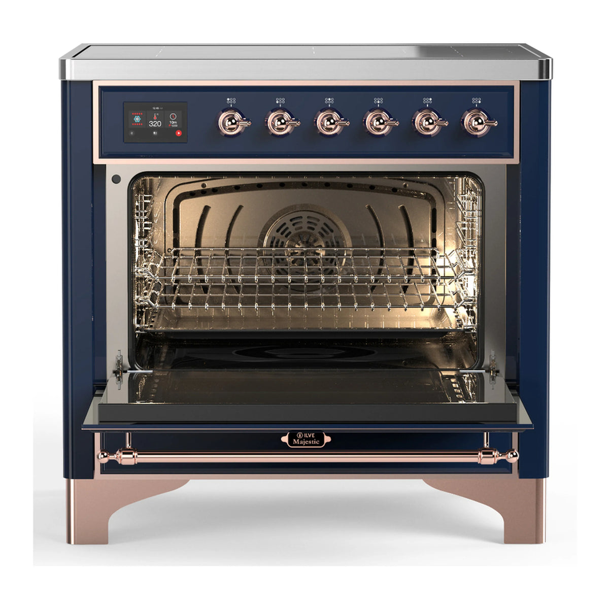 Majestic III induction range with open oven door, racks and interior lighting