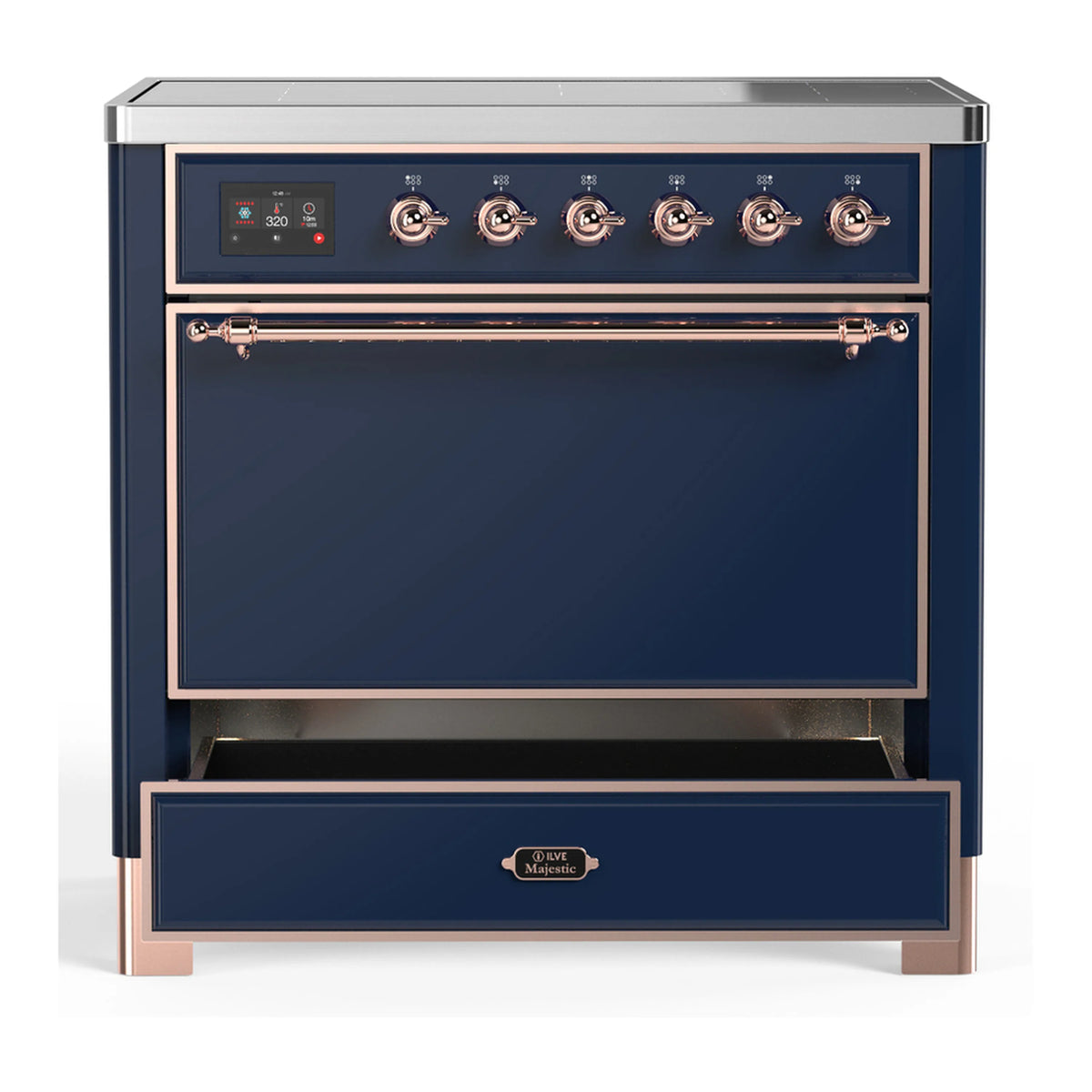 Majestic III electric oven with blue door and copper-trimmed handle