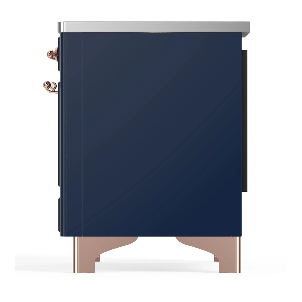 Blue side of induction range with copper-trimmed knobs