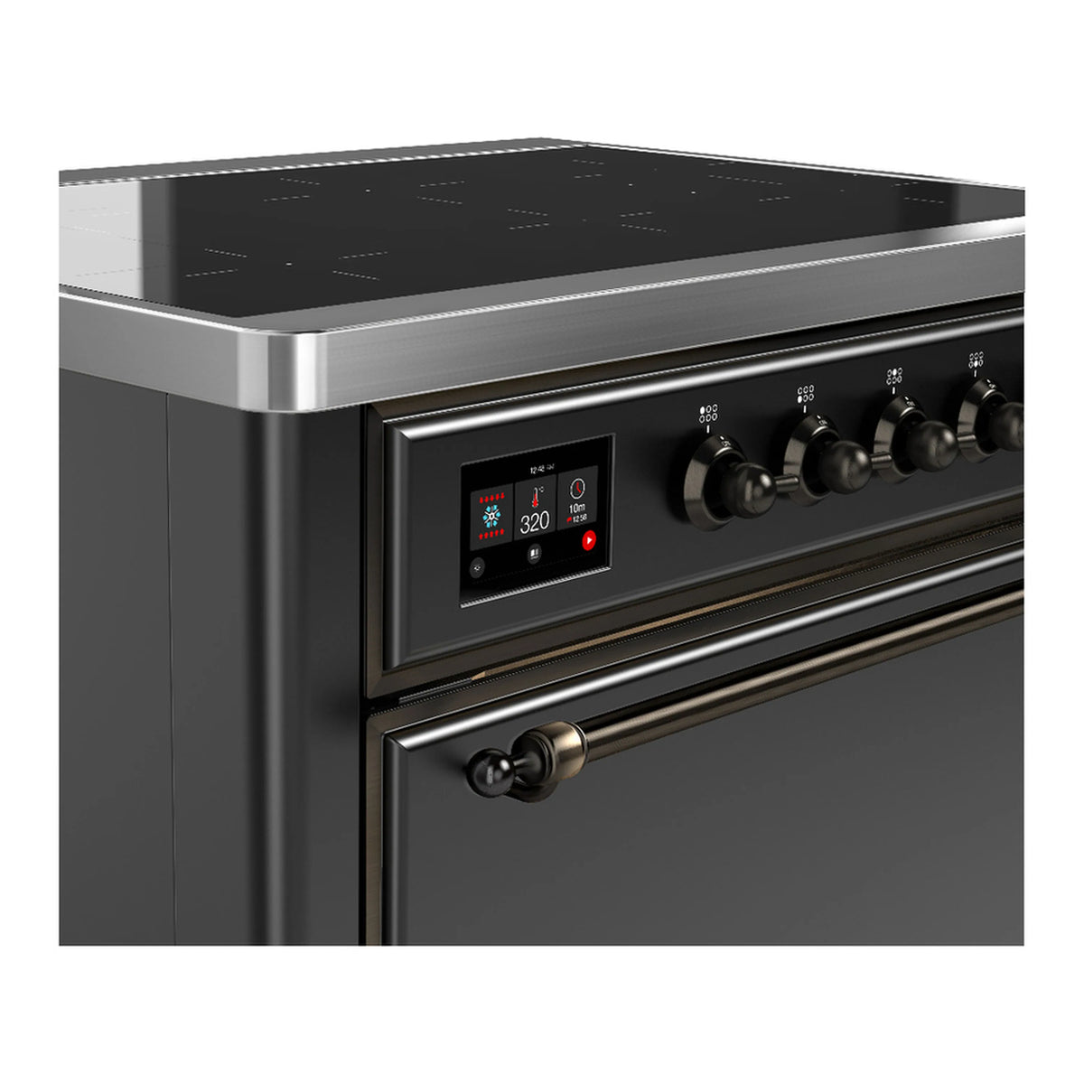Induction range control panel with digital display and six black burner knobs
