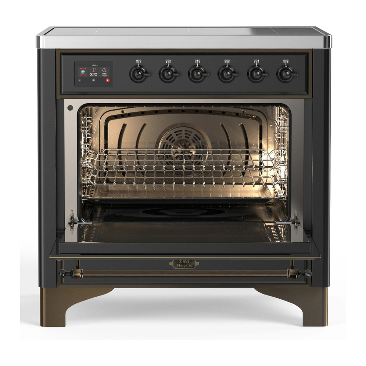 Induction range oven open with rack and interior light