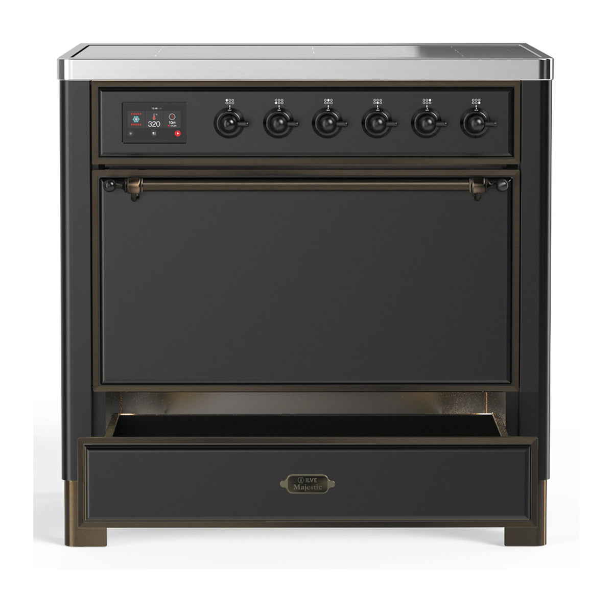 Matte graphite induction range with solid oven door and storage drawer