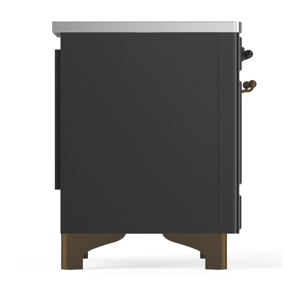 Matte graphite induction range left side with gold-tone trim and handles