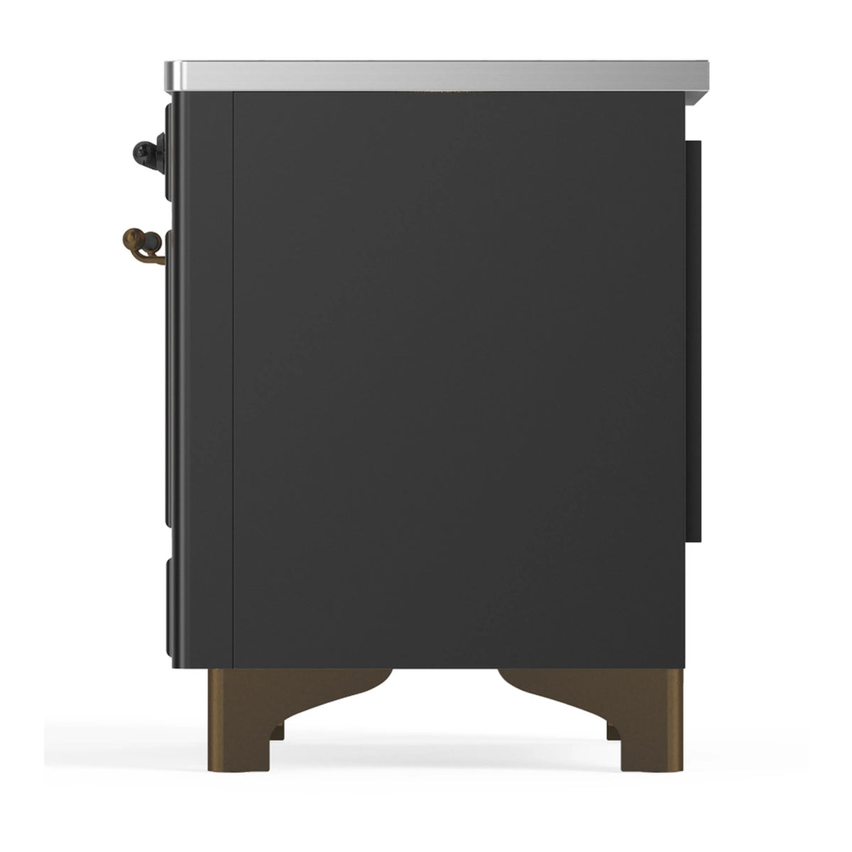 Matte graphite induction range right side with gold-tone trim and handles