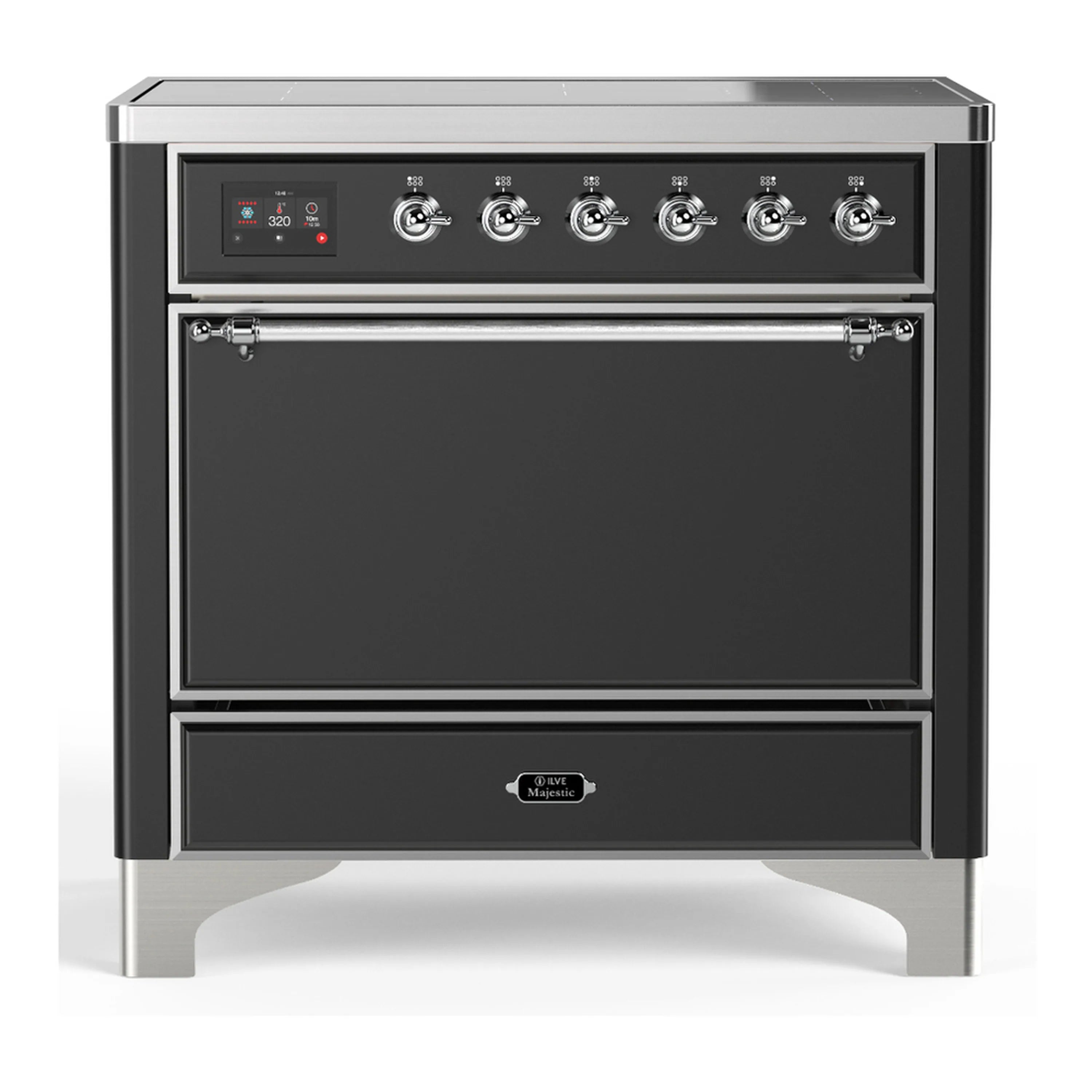 Matte graphite induction range with chrome trim, front control panel and closed oven door