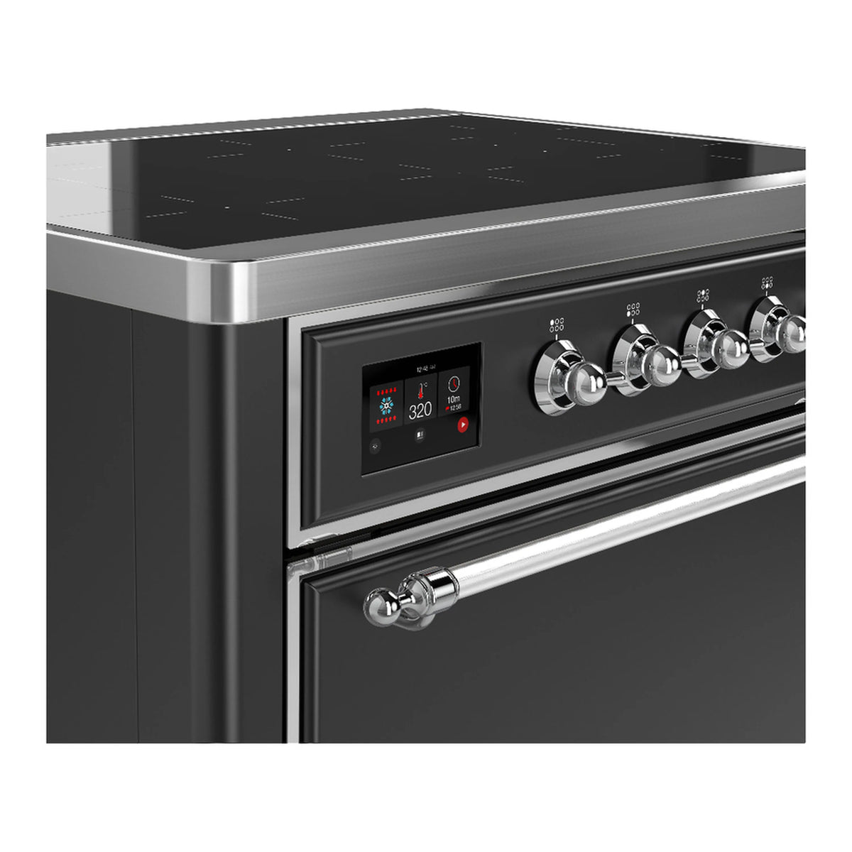 Matte graphite induction range control panel with knobs and digital display, chrome accents