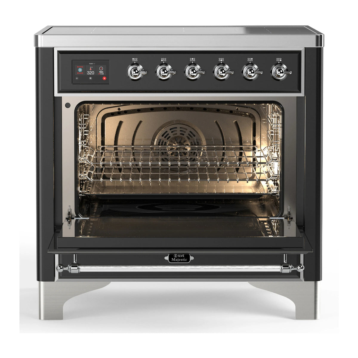 Matte graphite electric oven with door open, interior racks and warm light