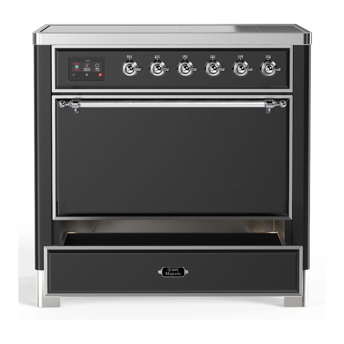 Matte graphite induction range with chrome trim, closed oven door and open lower drawer