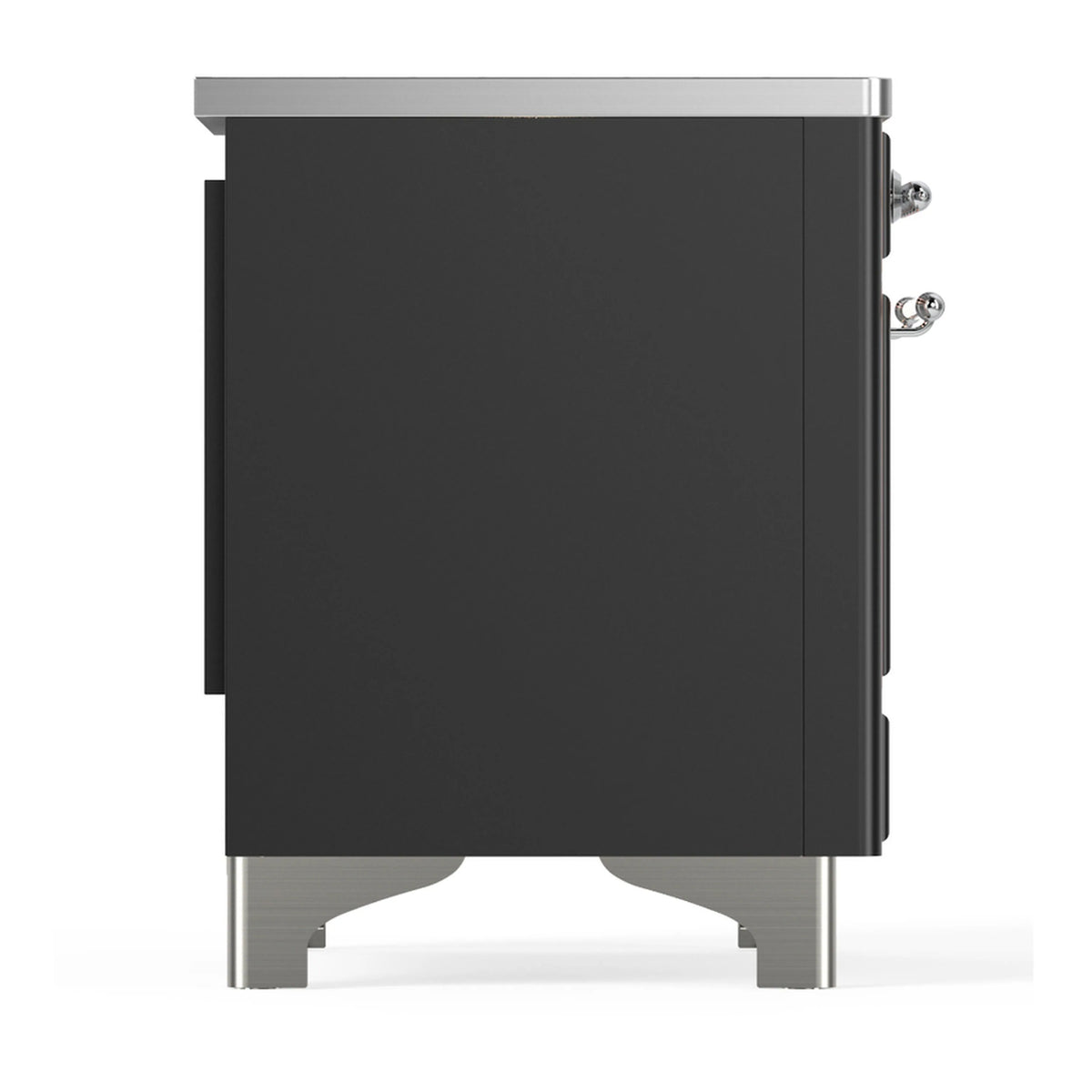Matte graphite induction range side panel with chrome handle hardware and leveling feet