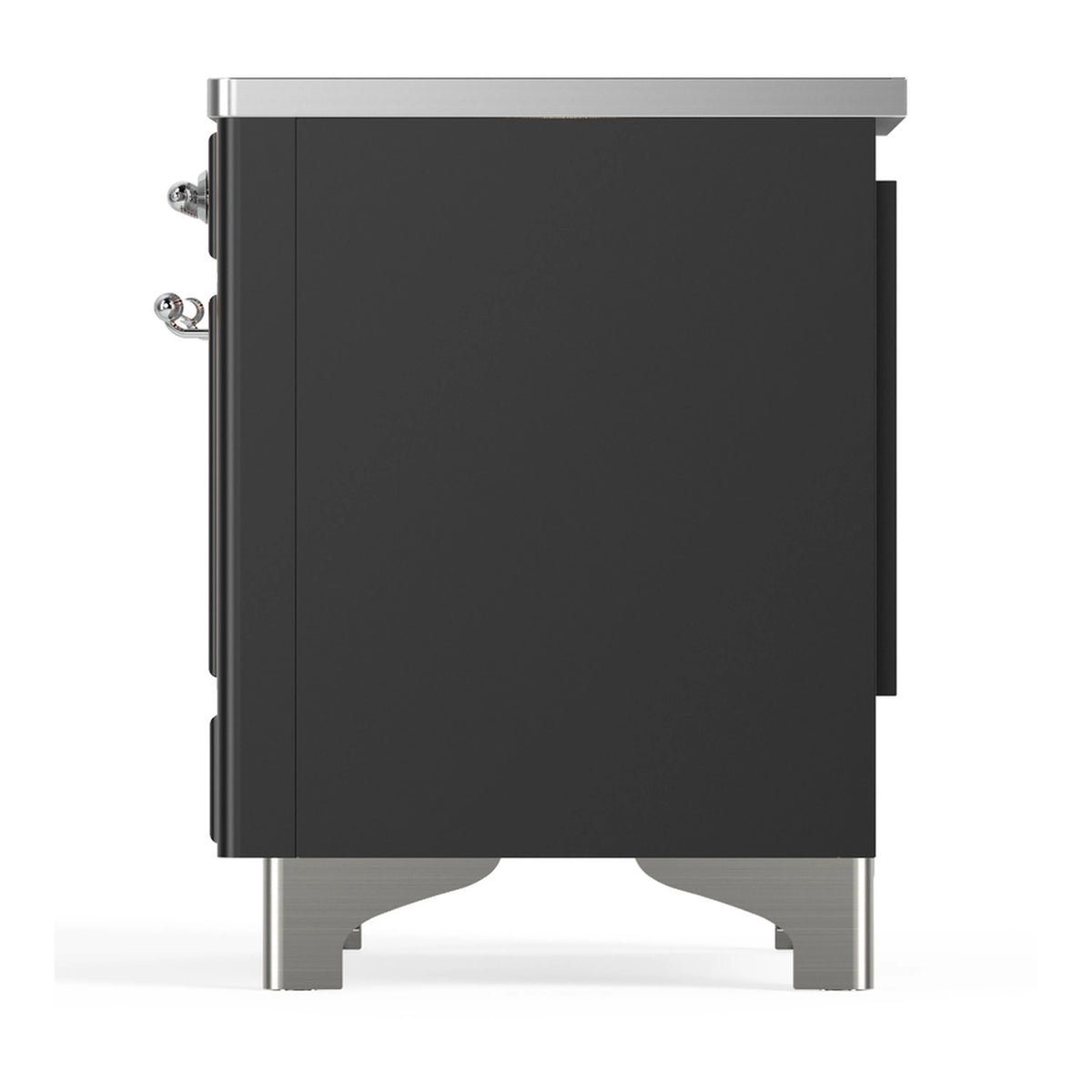 Matte graphite induction range side panel with chrome hardware and leveling feet