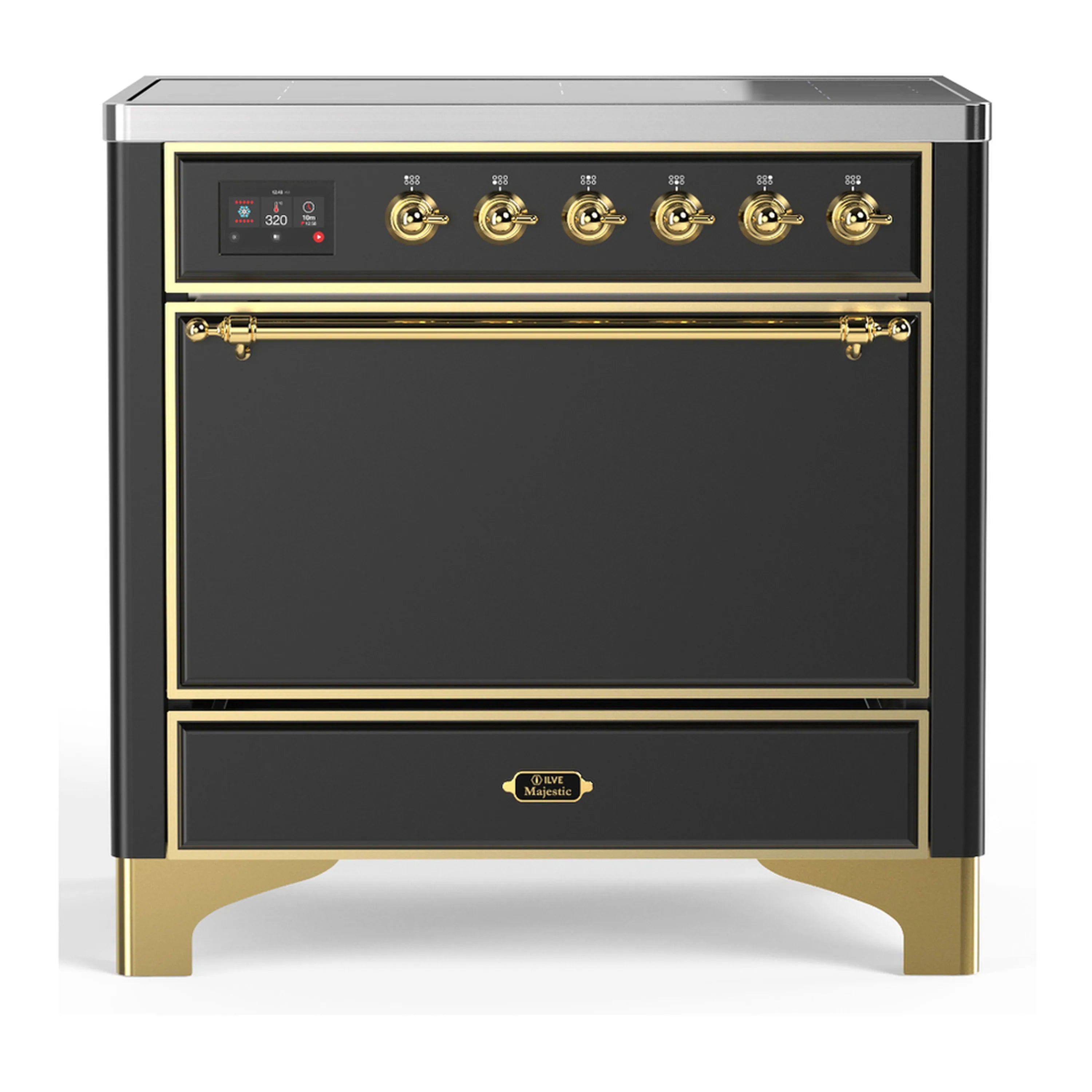 Matte graphite induction range with solid oven door, brass trim, and front control panel