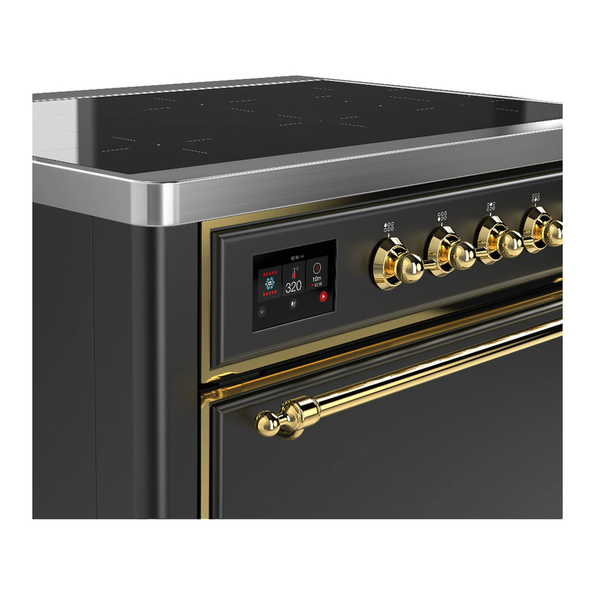 Matte graphite range control panel with brass knobs and digital display