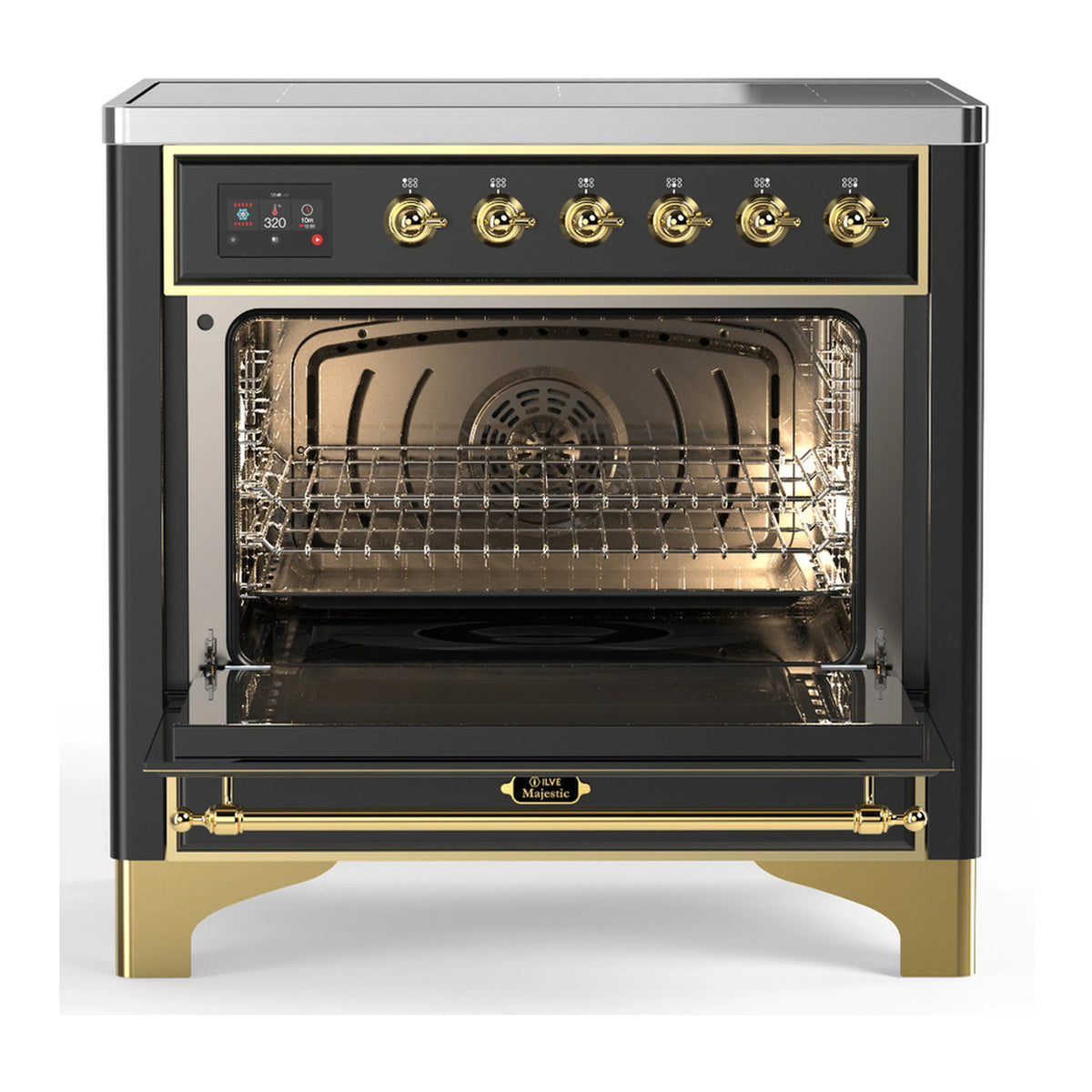 Matte graphite oven door open showing interior racks and heating elements