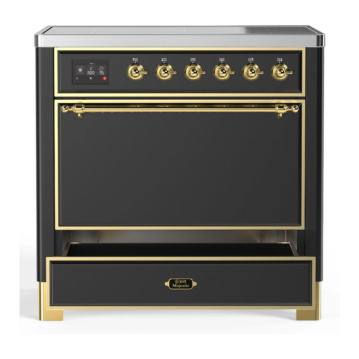 Matte graphite induction range with solid oven door and lower storage drawer, brass trim