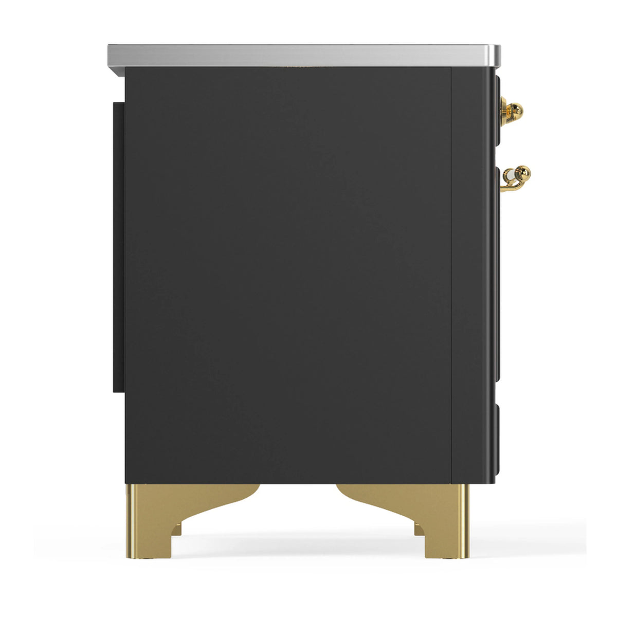 Matte graphite range side panel with brass handle and raised gold-colored feet