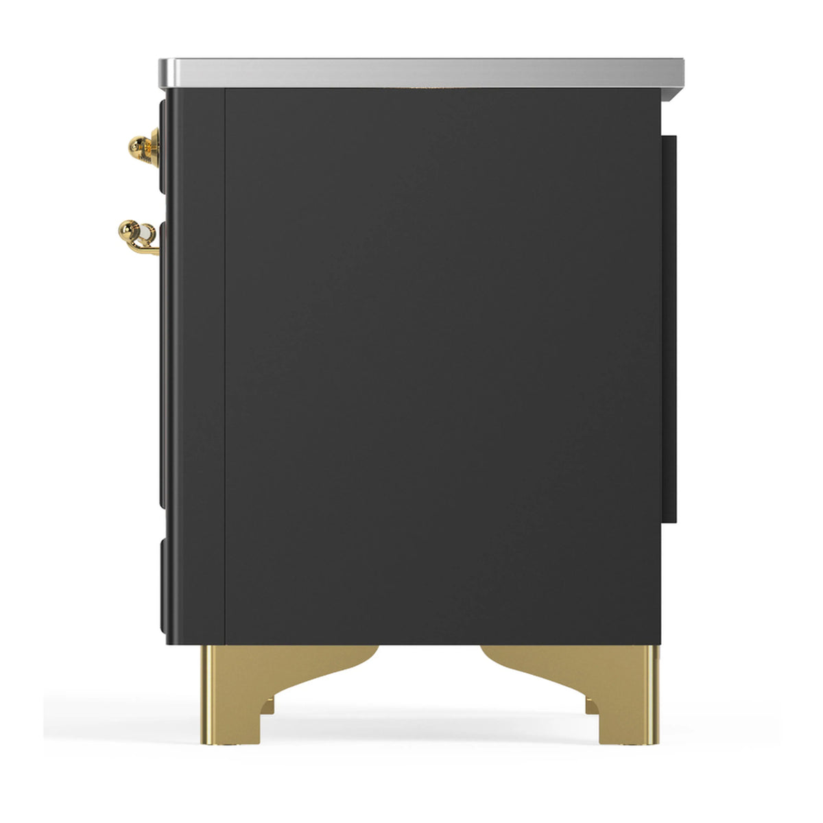 Matte graphite range side panel with brass hardware and gold-colored base feet