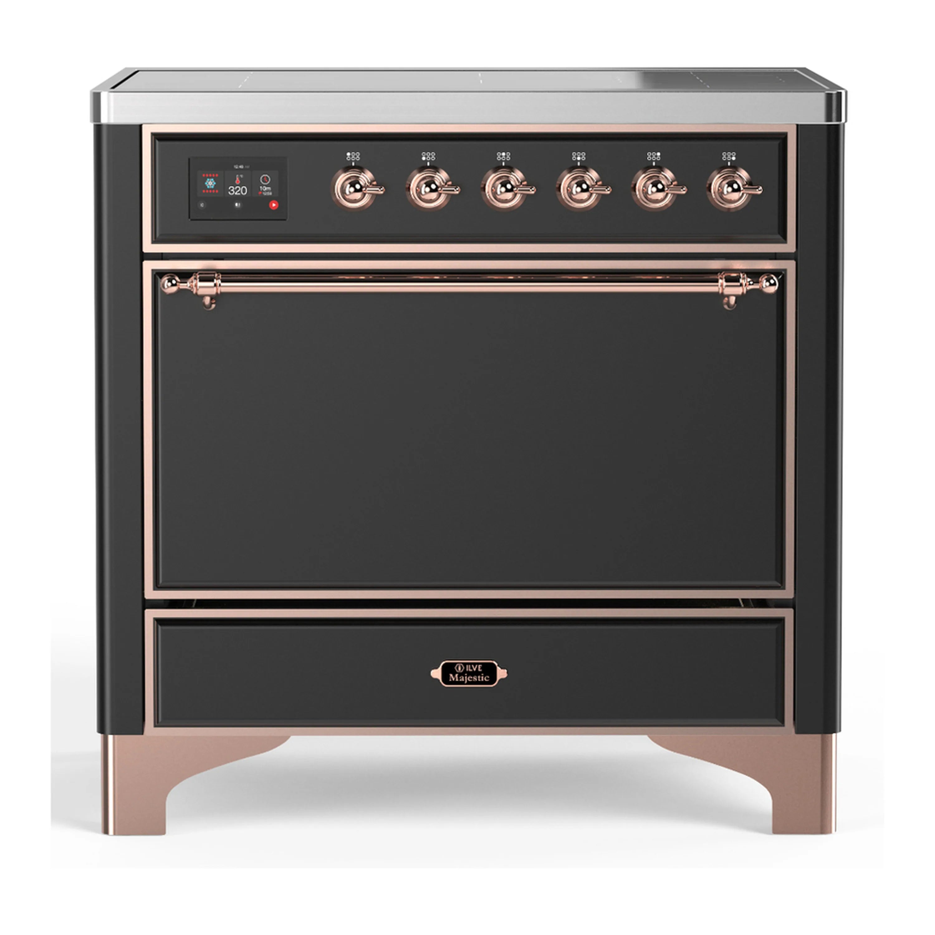 ILVE matte graphite induction range with copper-trim control panel and solid oven door