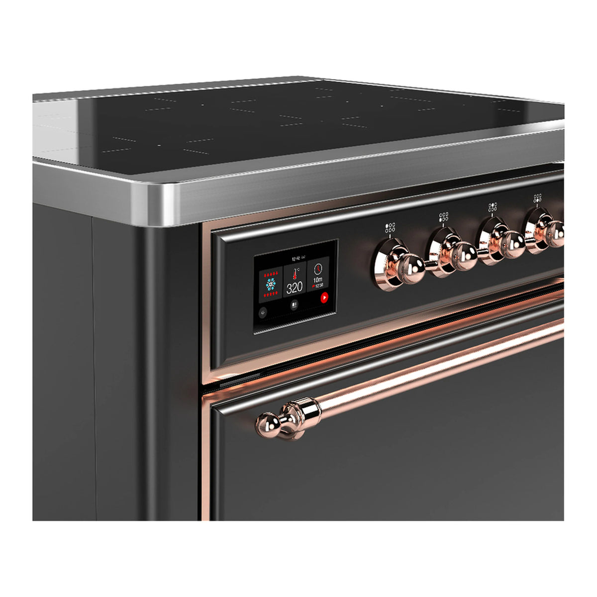Matte graphite induction range front control panel with copper knob set and display