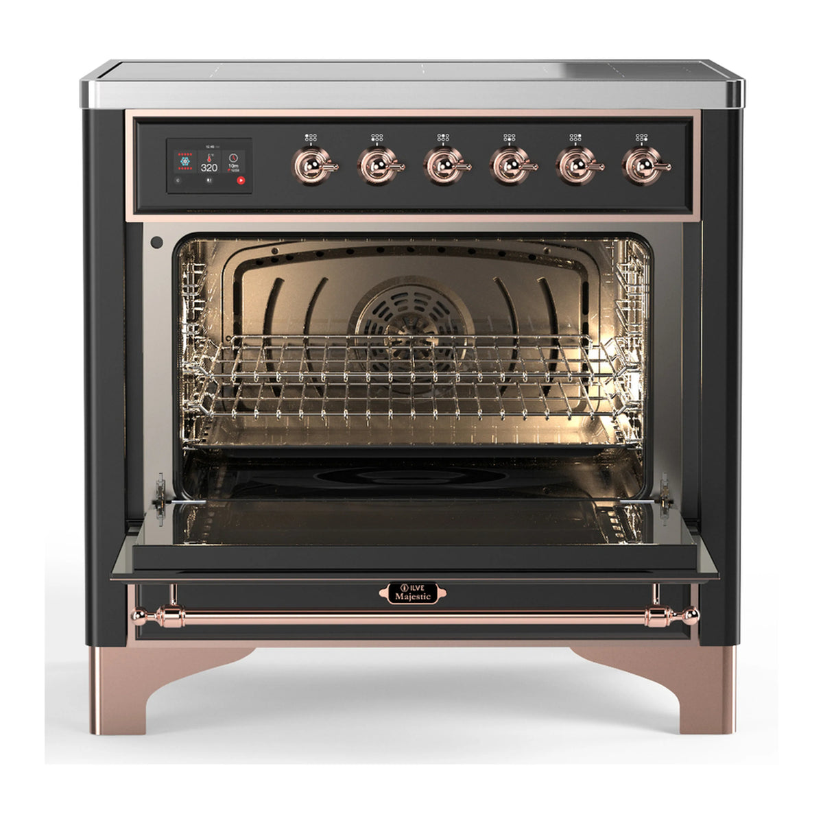 Matte graphite induction range open electric oven with racks and illuminated interior