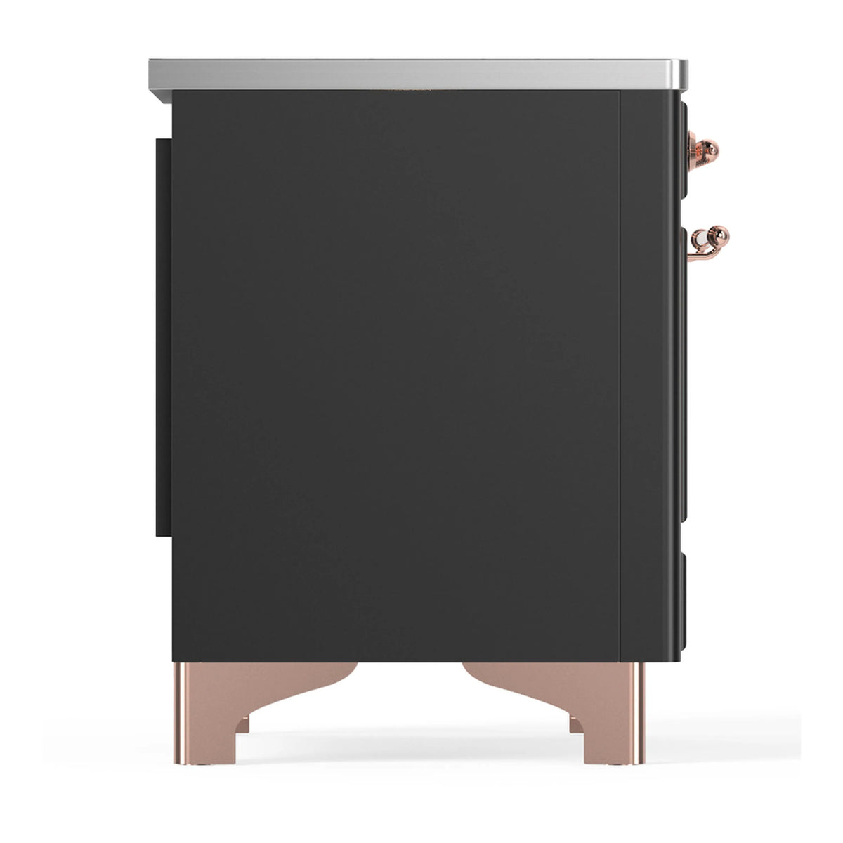 Matte graphite induction range side panel with copper-trimmed handle detail