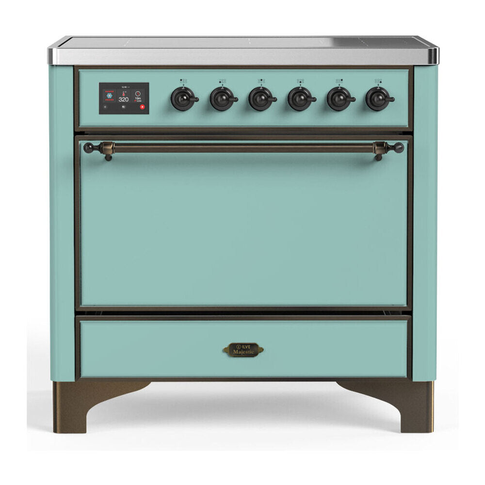 ILVE Majestic III 36-Inch Induction Range with 6 Induction Elements and Solid Door Electric Oven in Mediterranean Mint with Burnished Trim (UMIB36QNR3MMB)
