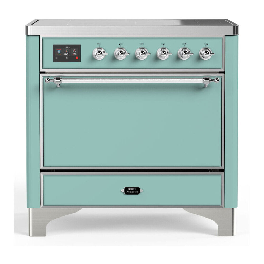 ILVE Majestic III 36-Inch Induction Range with 6 Induction Elements and Solid Door Electric Oven in Mediterranean Mint with Chrome Trim (UMIB36QNR3MMC)