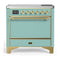 ILVE Majestic III 36-Inch Induction Range with 6 Induction Elements and Solid Door Electric Oven in Mediterranean Mint with Brass Trim (UMIB36QNR3MMG)
