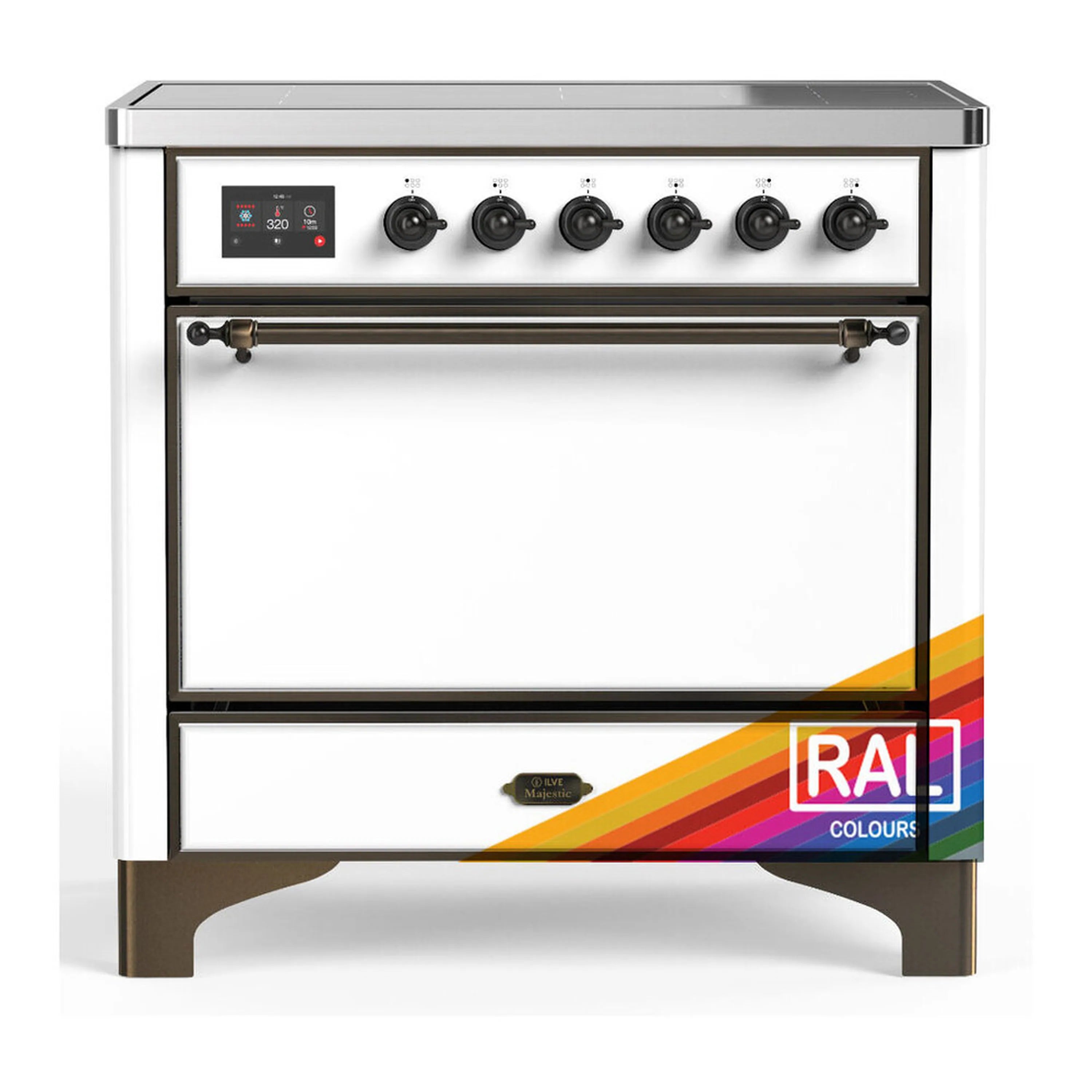 Six-burner induction range with black control knobs and solid oven door