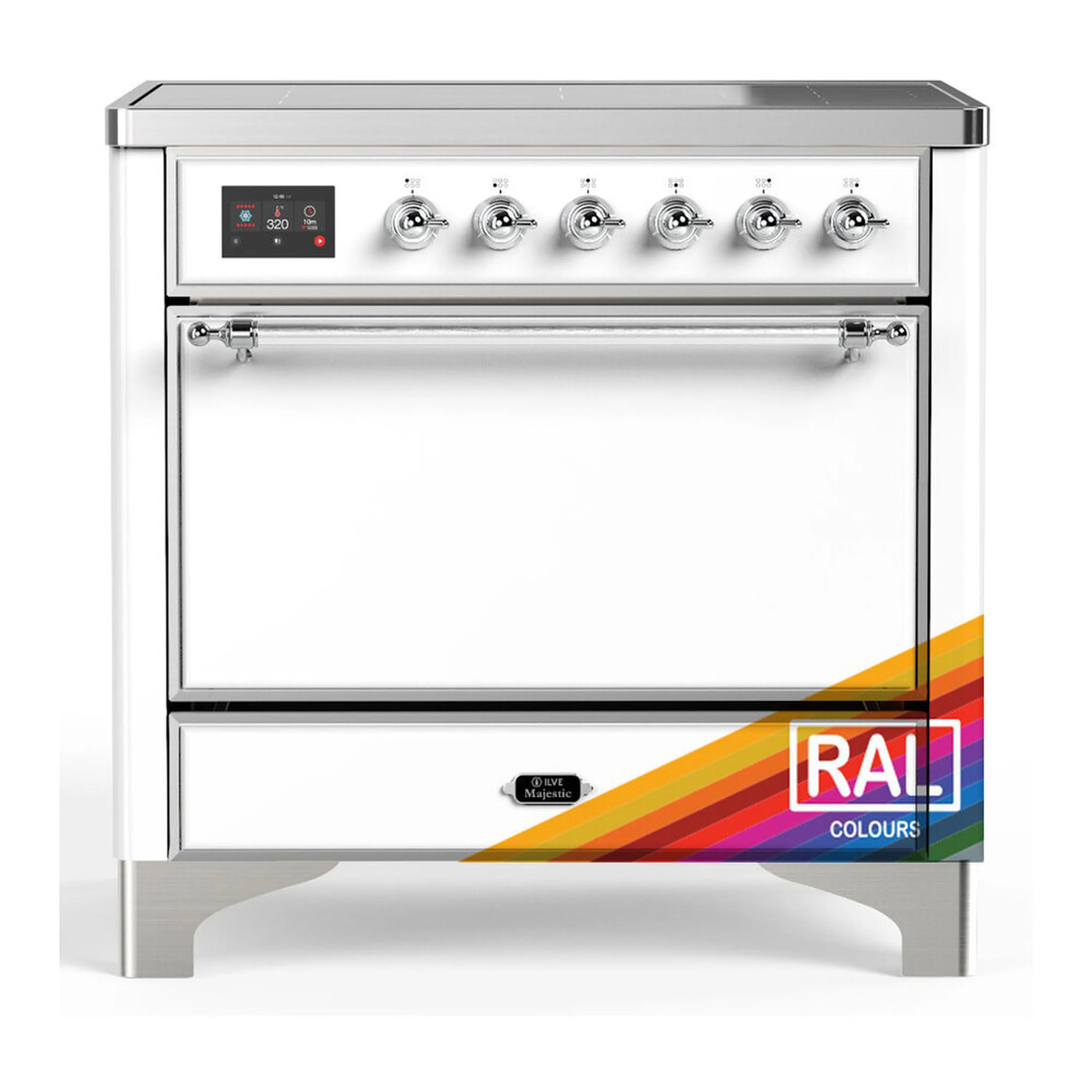 36-inch induction range with solid electric oven door, chrome trim, front control knobs
