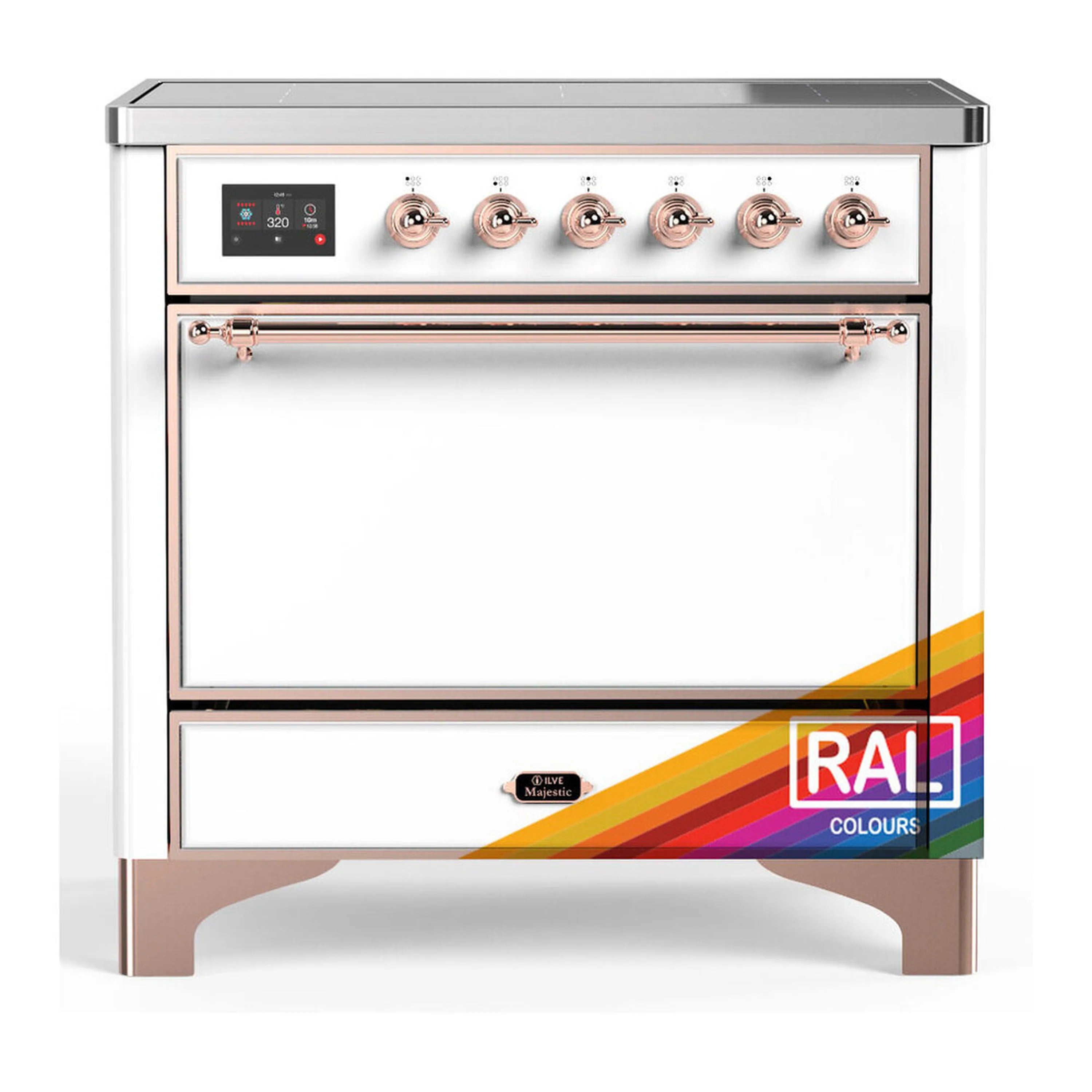 Induction range with solid door oven, copper-trim control panel and six cooktop knobs