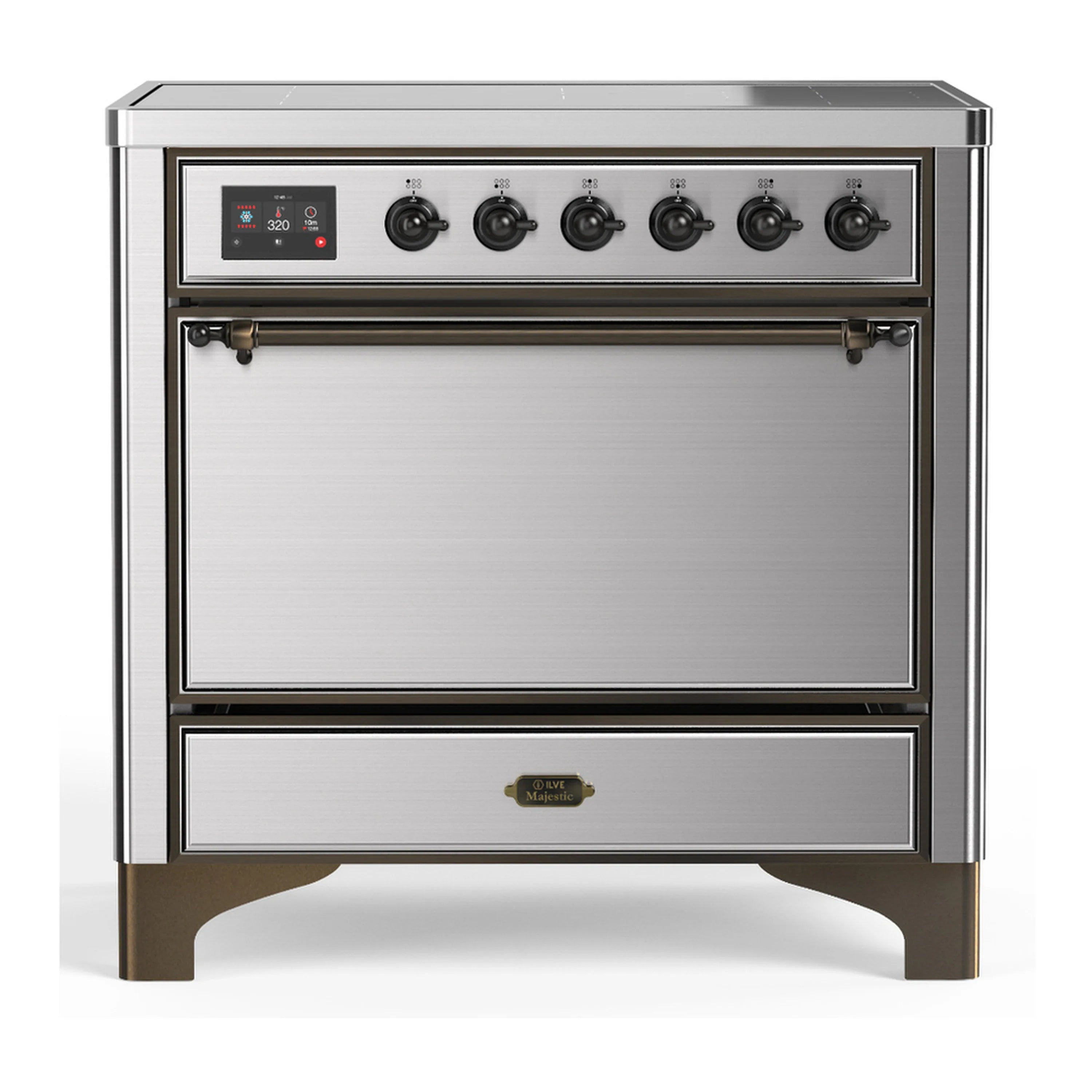 Stainless steel induction range with 6 burners, control panel, solid door oven, and storage drawer