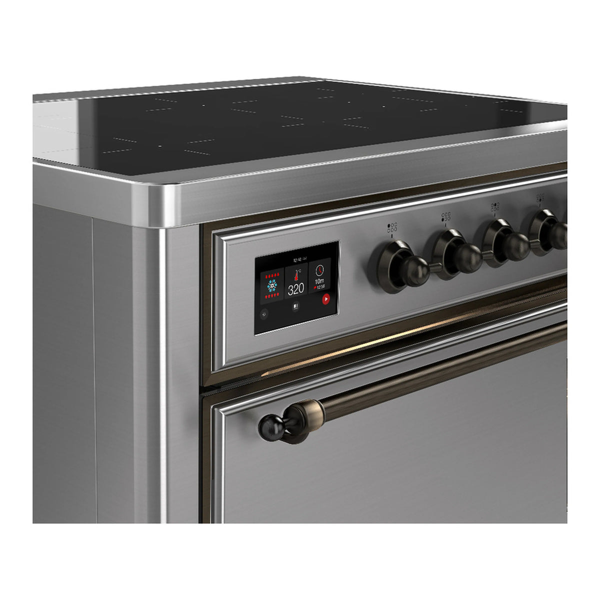 Stainless steel induction range control panel with digital display and six round burner knobs