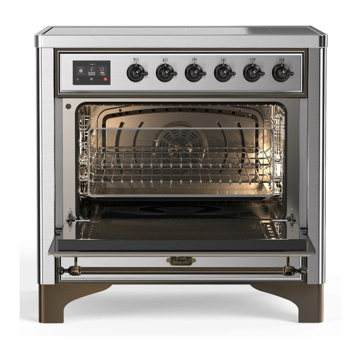 Stainless steel induction range with open oven door and visible wire rack interior