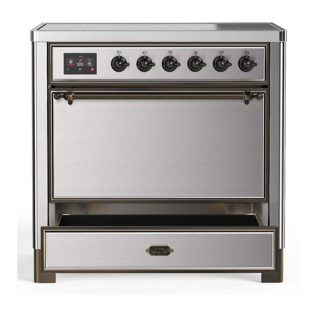 Stainless steel induction range with closed oven door and storage drawer beneath