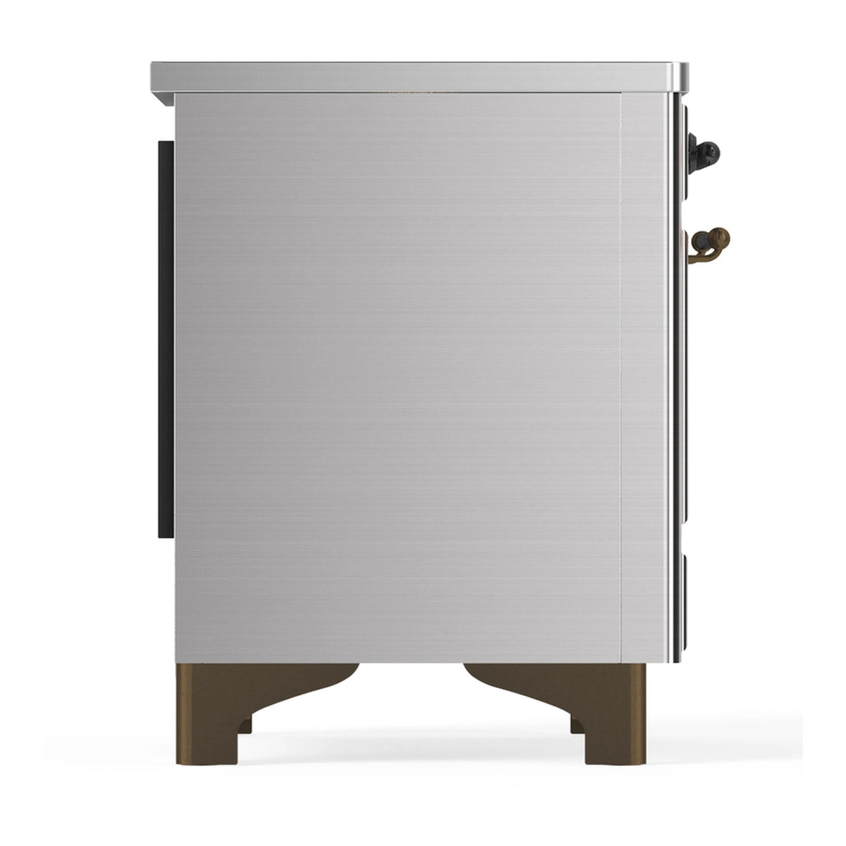 Stainless steel induction range side view with solid side panel and dark handle hardware