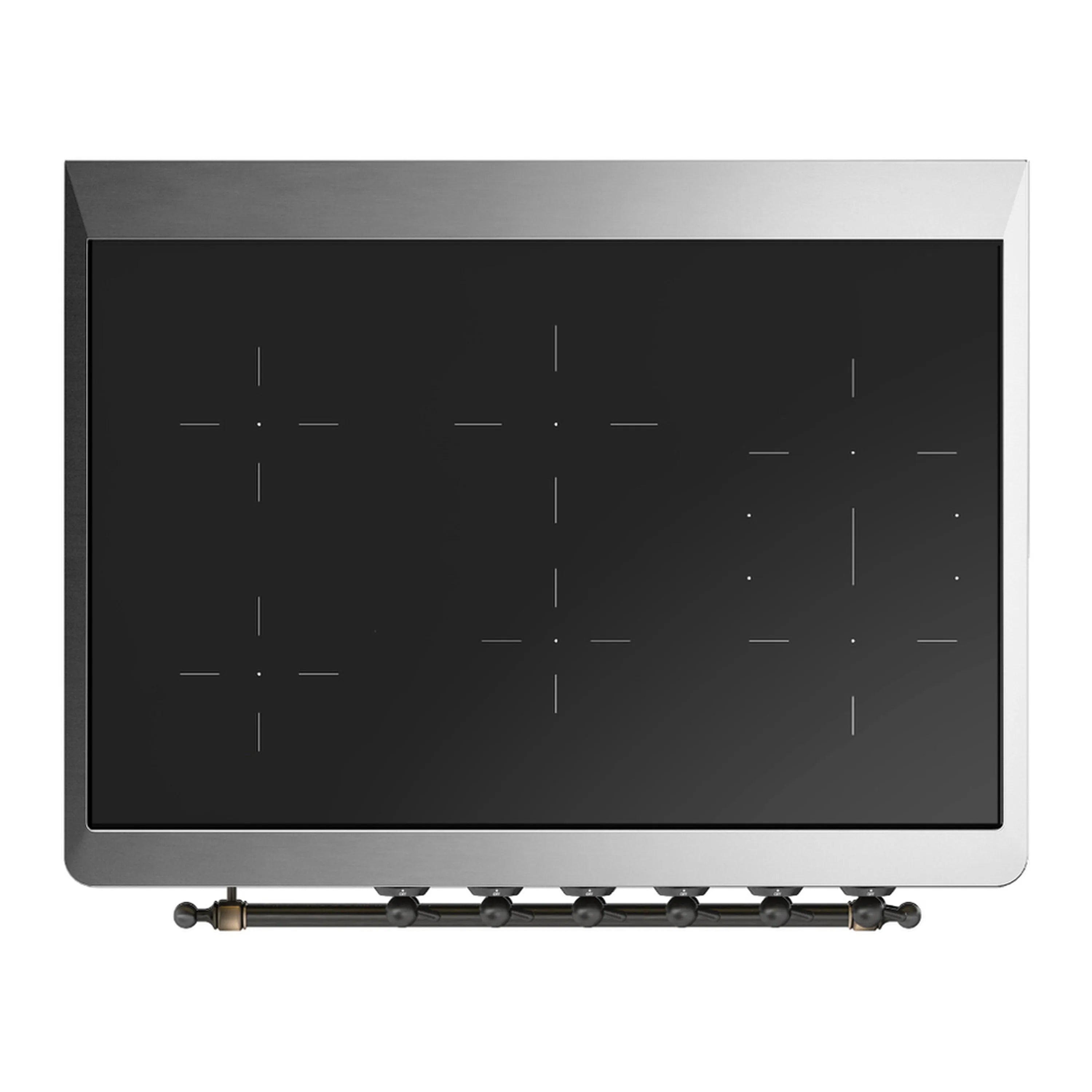 Stainless steel induction cooktop with black glass surface and six burner outlines