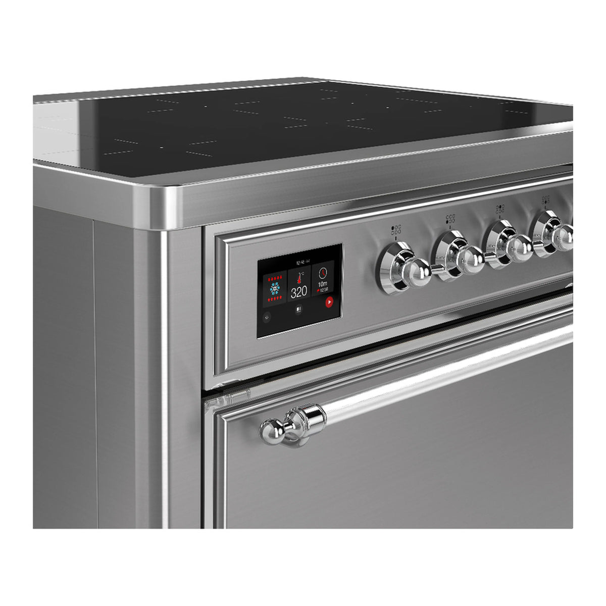 Stainless steel induction range control panel with knobs and digital display