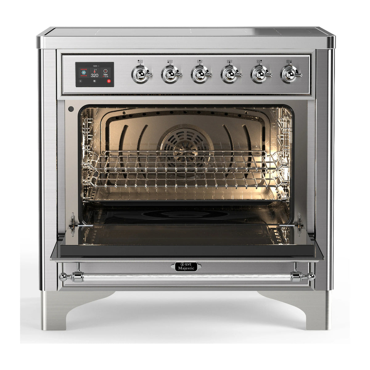 Stainless steel induction range with open electric oven and visible wire rack