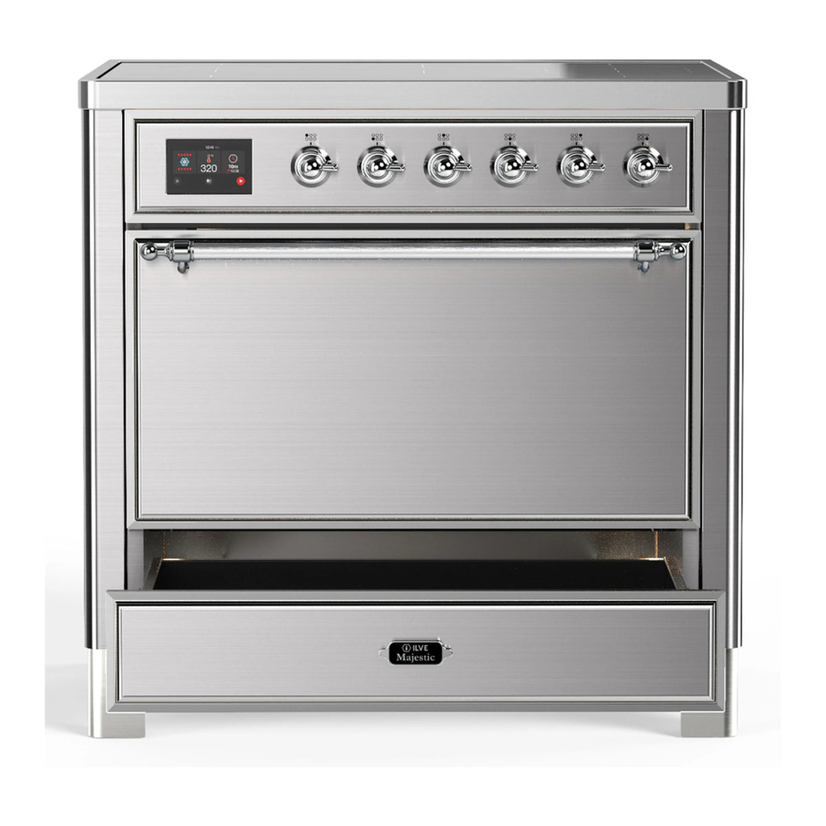 Stainless steel induction range with solid oven door and lower compartment drawer