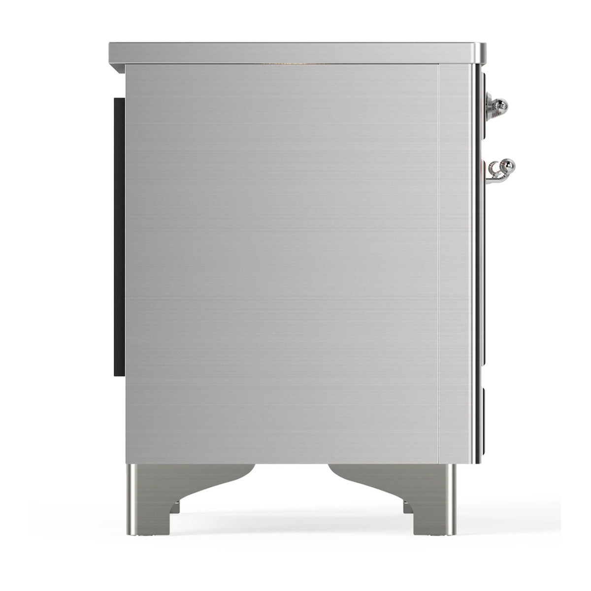 Stainless steel induction range side view with handle and brushed metal panel