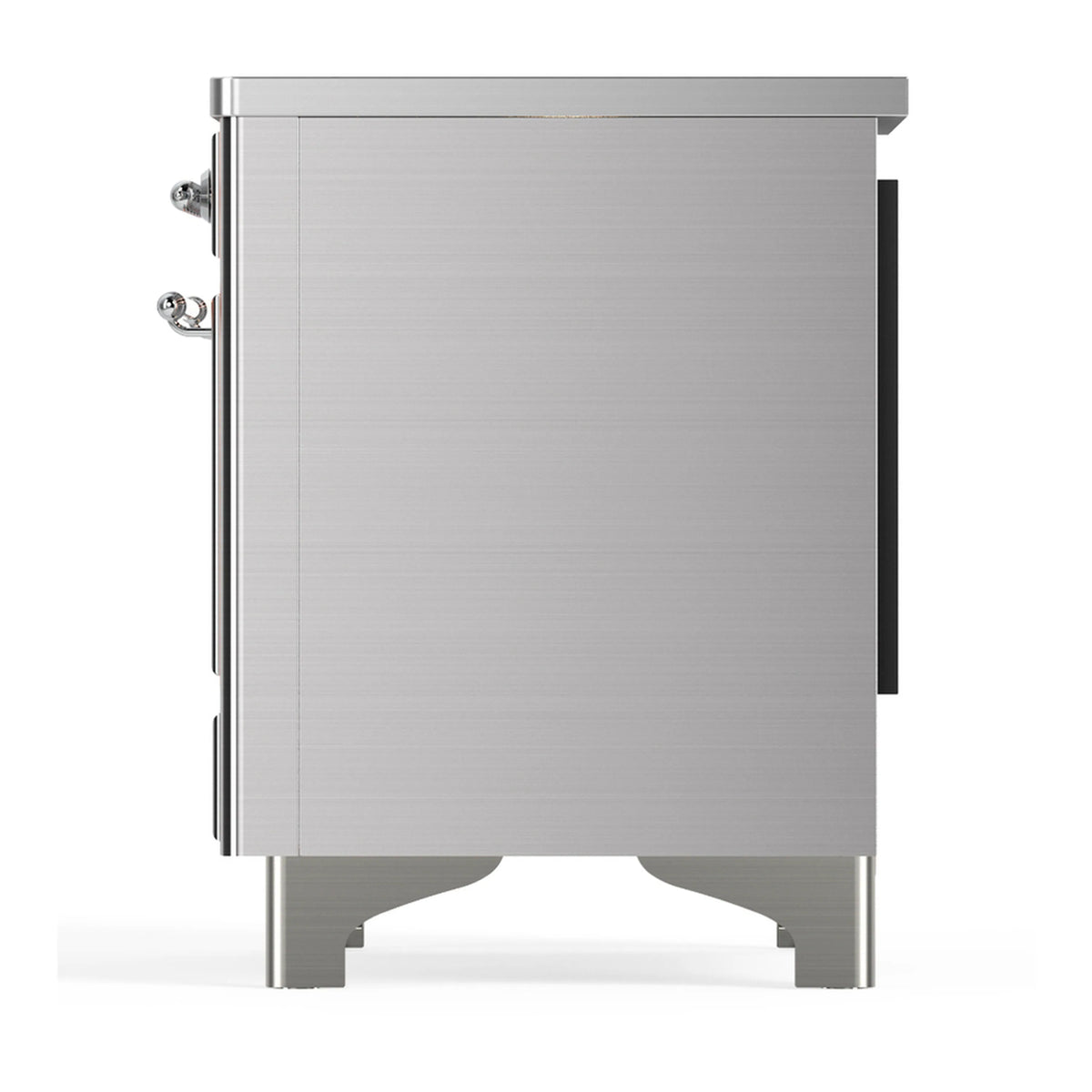 Stainless steel induction range angled side view showing side handles and brushed metal