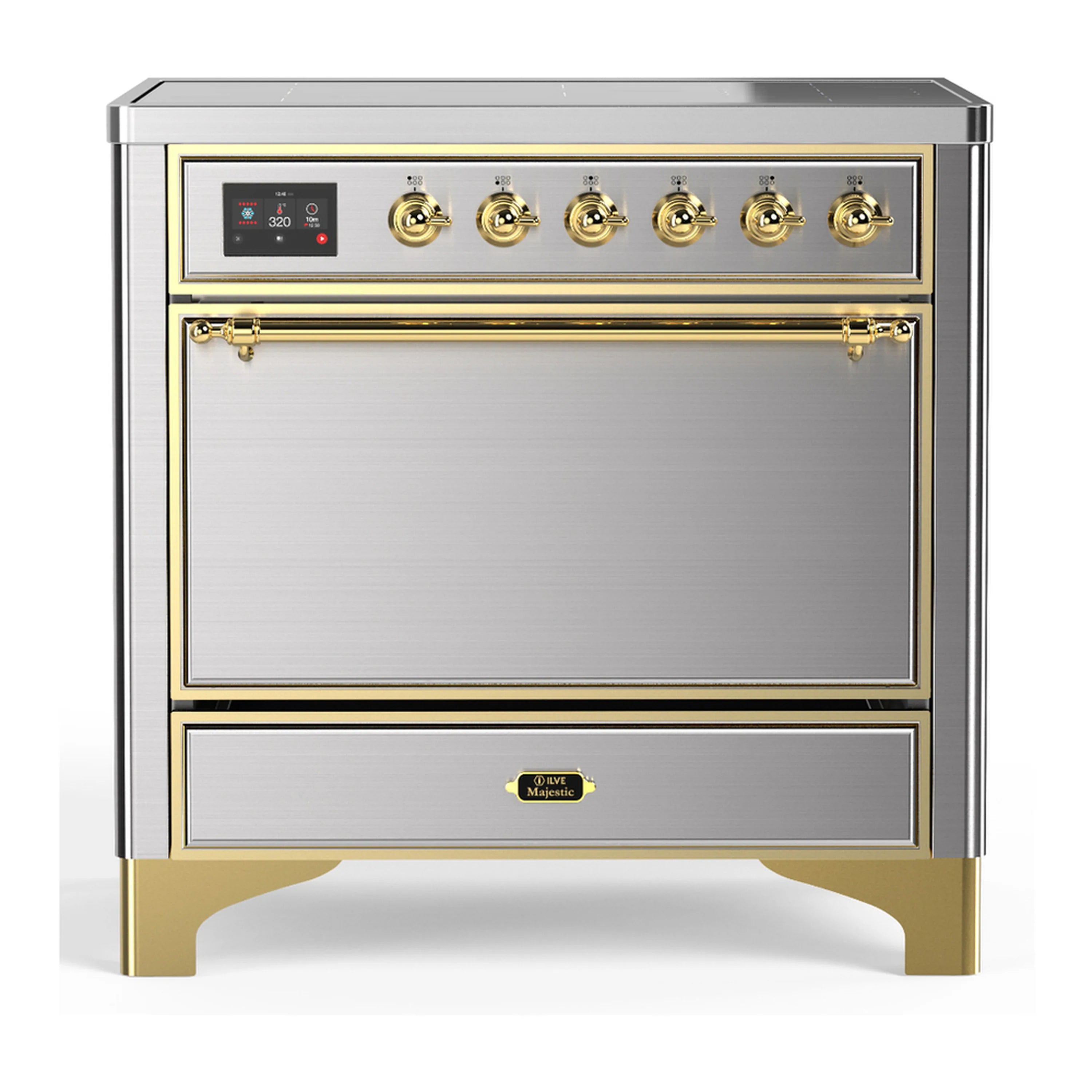 Stainless steel induction range with brass trim, top controls, and solid electric oven door