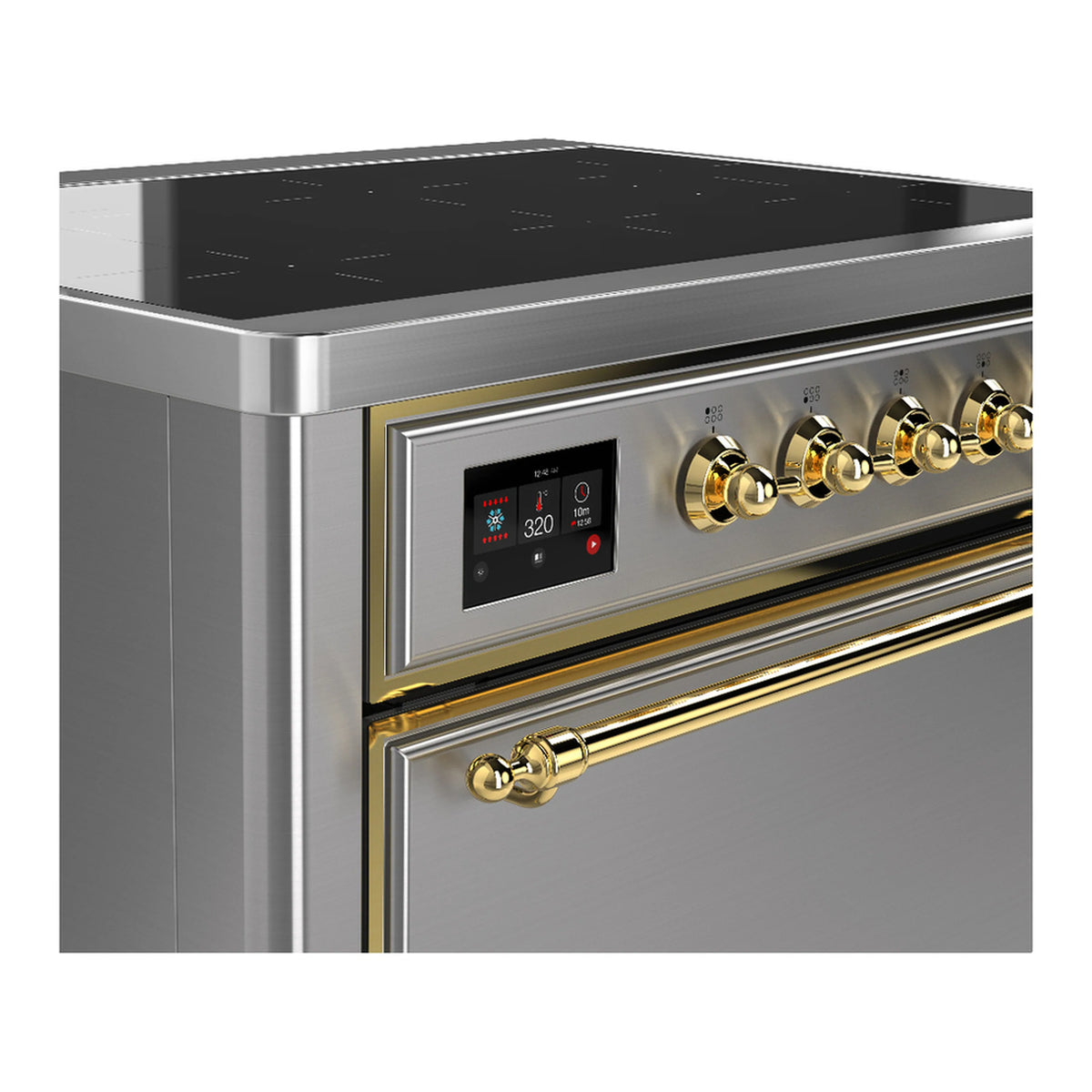 Stainless steel induction range control panel with digital display and brass knob accents