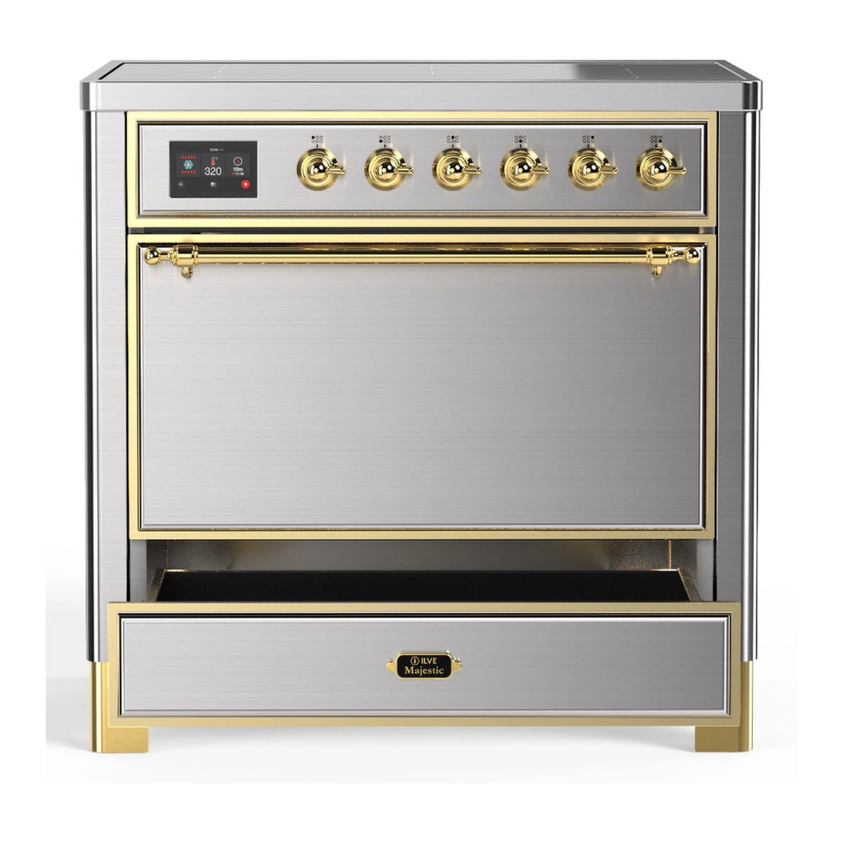Stainless steel electric oven door and top control panel with brass trim on induction range